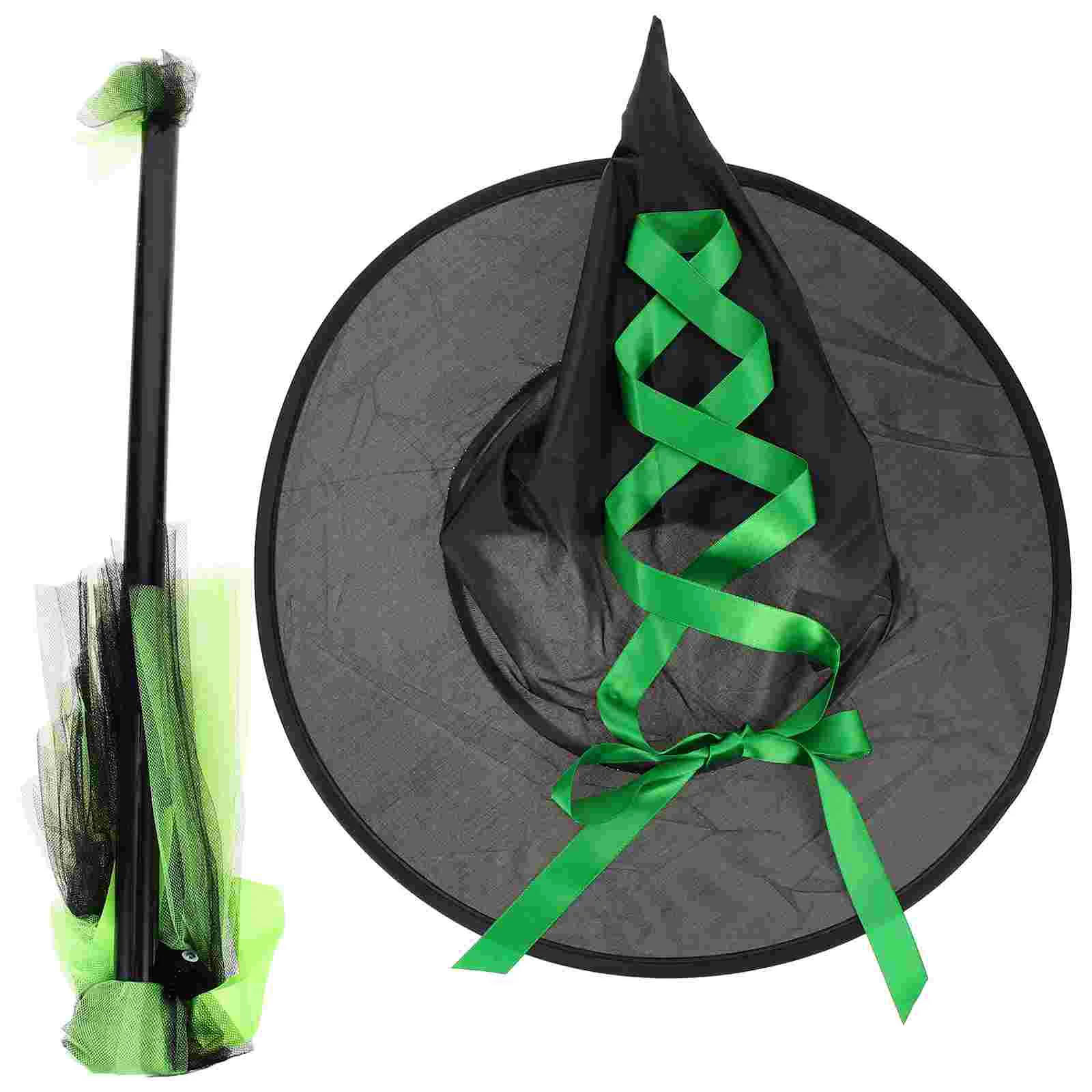 Kids Green Witch Hat Halloween Set Stage Performance Broom Toddler Glitter Ribbon