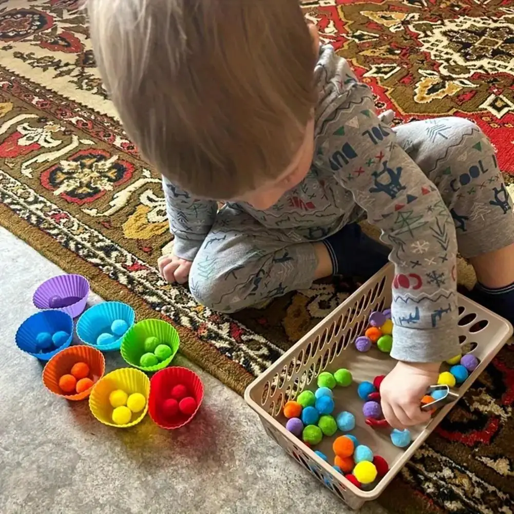 Kids Color Sorting Toy with 7 Bowls 70 Pompoms Clip Ball Counting Matching Game Educational Color Classification Cup Toy