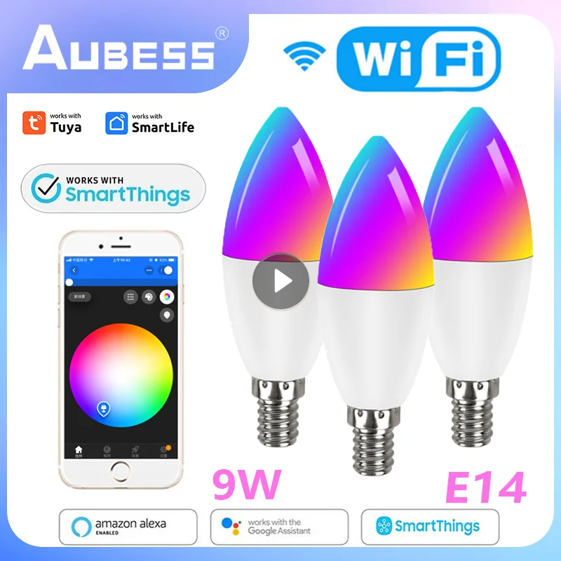 

9W Wifi Smart Bulb E14 Candle Light RGB+CW+WW Dimmable Led Lamp Tuya / Smart Life APP Control Timer Via Alexa Google Home Siri