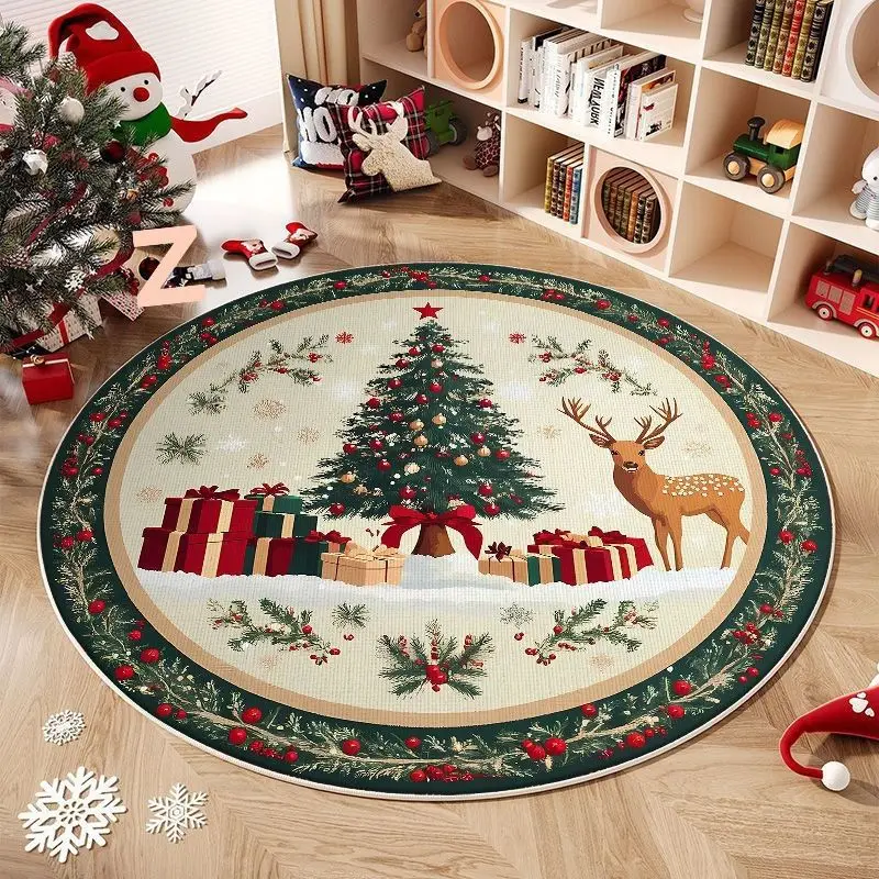 VIKAMA Christmas Tree Reindeer Round Rug, Soft Non-Slip Living Room Rug, Entryway Decorative Holiday Floor Mat, Home Decor