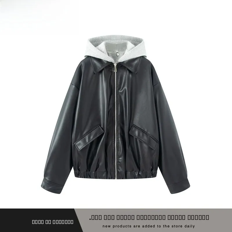 

Faionable ZR Sle Spliced Leather Effect Jaet Coat для женщин Street Sle Warmth Long Sve на молнии со шляпой
