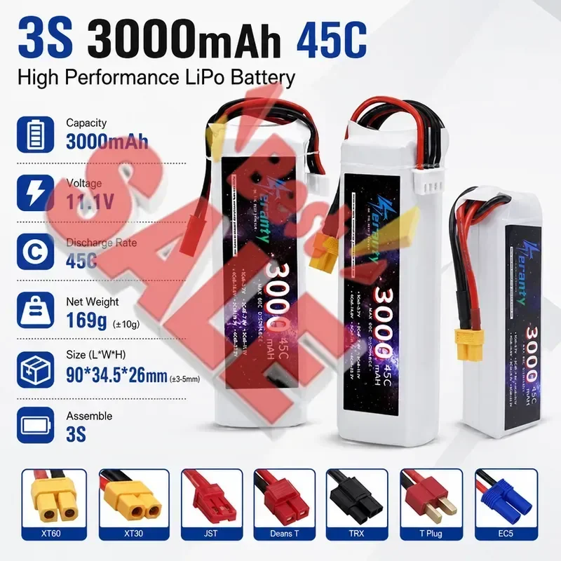 11.1V 3000mAh 3S 45C Lipo Battery With XT60 DEANS T XT30 JST Plug For RC Airplane Quadcopter Drone FPV Boat Helicopter Car