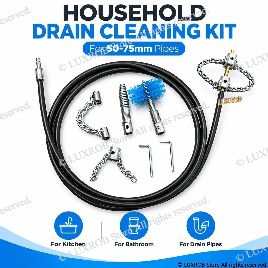 Drain Cleaning Kit with 7 Accessories Flexible 65Mn Steel Pipe Auger for Kitchen Sink, Bathroom, Toilet Drain Pipe Clog Remover