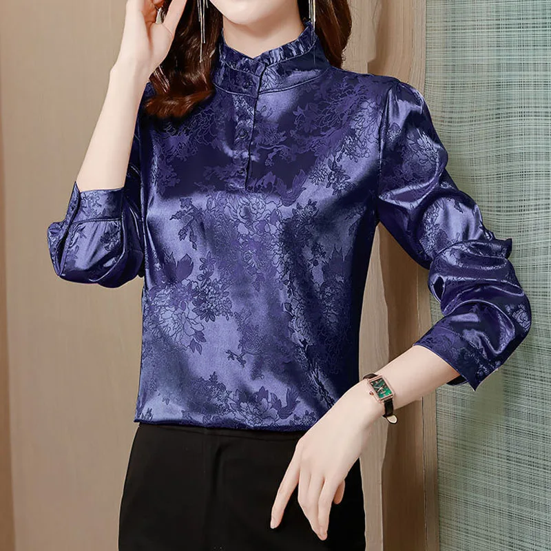 High Quality Satin Wooden Fungus Lace Neckline Magnificent Elegant Women Half High Collar Thin Blouse Flower Printing Pullover