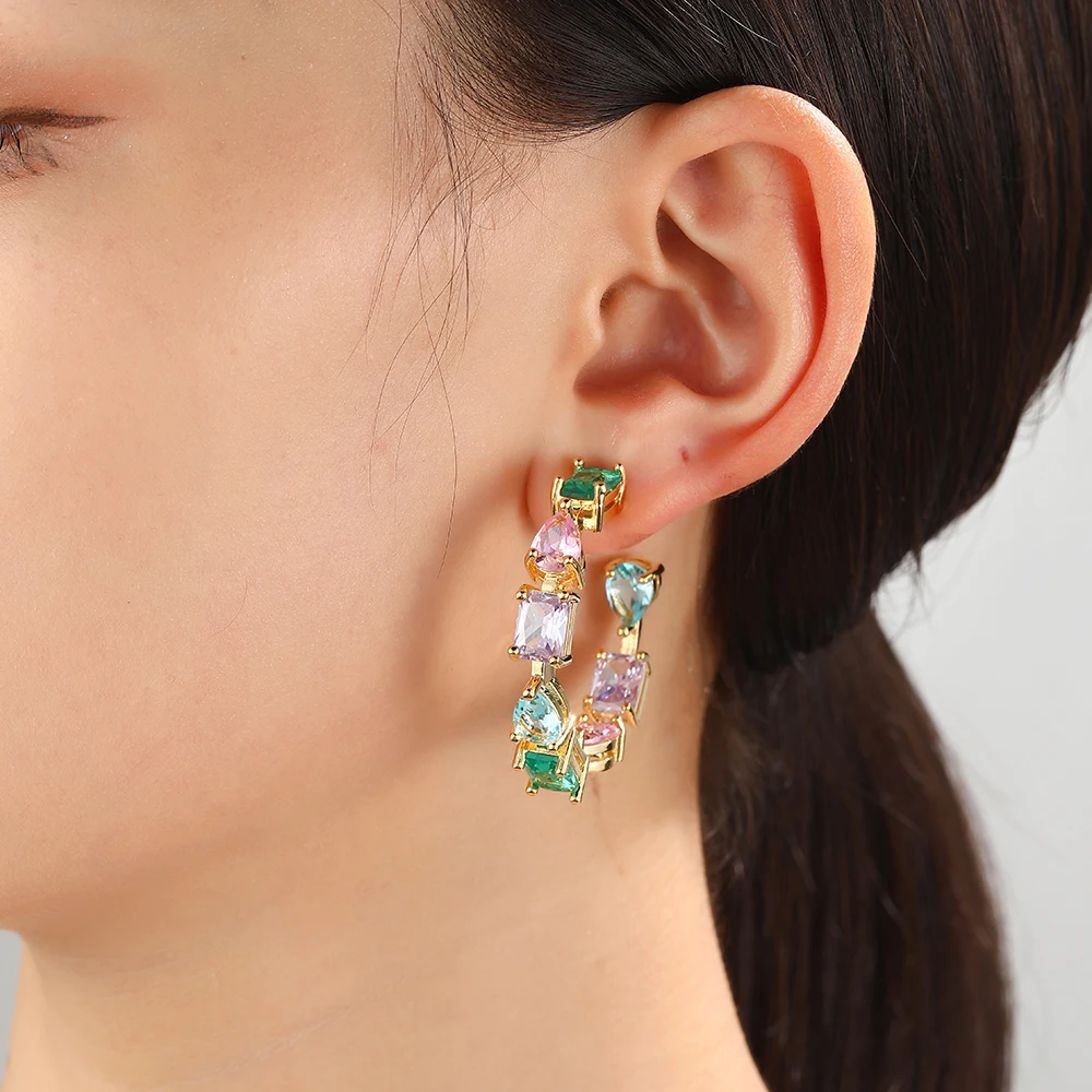 Luxury Designer Brazilian Zirconia Colorful Big Circle Round Rainbow CZ Crystal Hoop Earrings Jewelry for Women