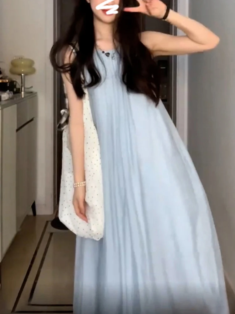 

Summer New Solid Color Slim Women Dress Sweet Elegant Ladies Slim Dress Beach Vacation Halter French Blue Sleeveless Dresses