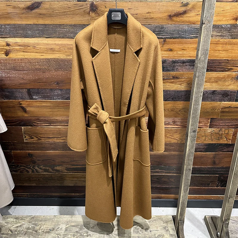 

New Spring Winter 20% Cashmere Coat High Waist Real Wool Coats Women Fashion Lapel Long Sleeve Warm Elegant Tie Female Clothing