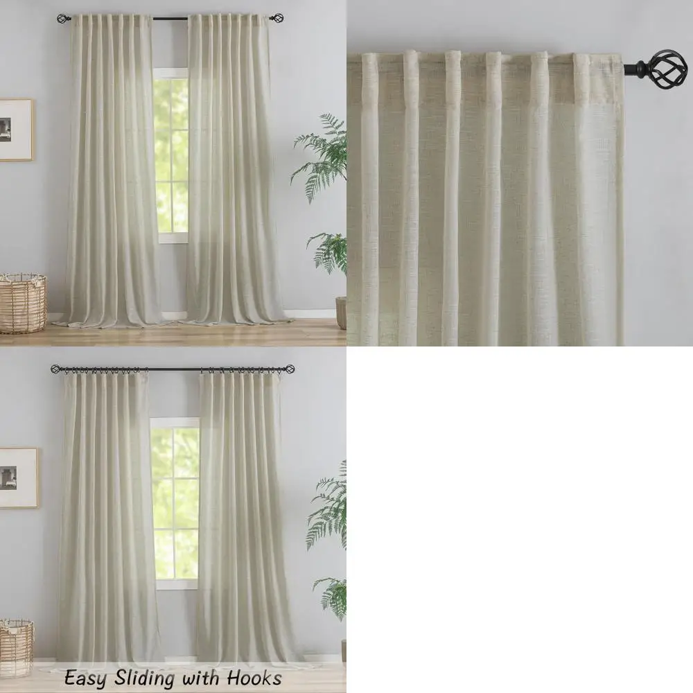 

Extra Long 132 Flax Linen Curtains with Back Tab Hooks, Beige Tan, for High Ceiling Living Rooms