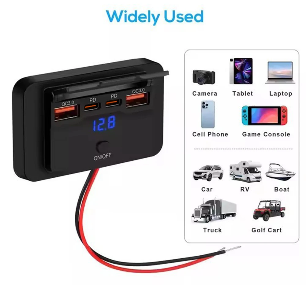 4-Port PD QC3.0 Auto-USB-Ladebuchse 12V 24V Digital-Voltmeter Schnelllade-Steckdose mit Schalter für Fahrzeug, Wohnmobil, Boot – Detail 6