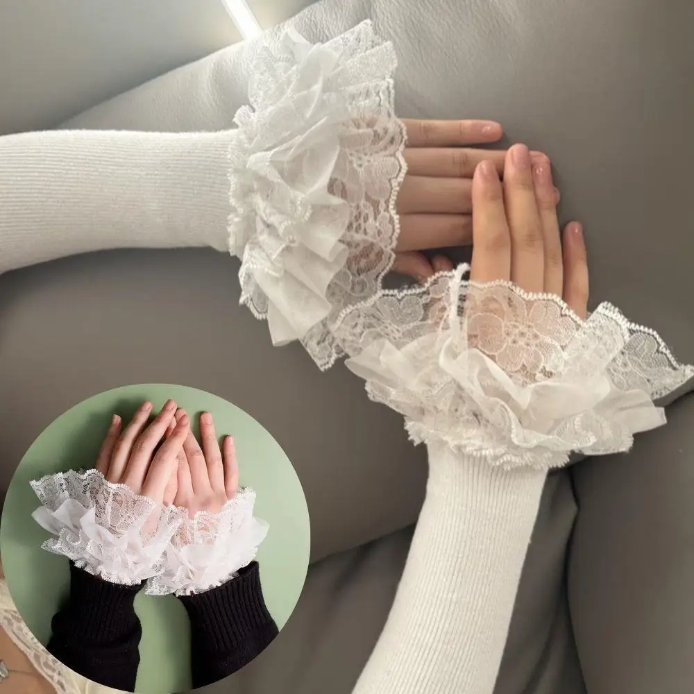 

Пара вязаных кружевных рукавов-накладок в стиле Лолита, осенне-зимние теплые длинные перчатки, женские кружевные манжеты-рукава, декоративные накладные рукава для свитера/рубашки