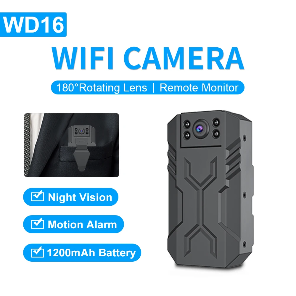 WD16 Mini câmera WiFi HD, micro câmera IP sem fio, monitor remoto, gravador de vídeo minúsculo, alarme de movimento, visão noturna IR