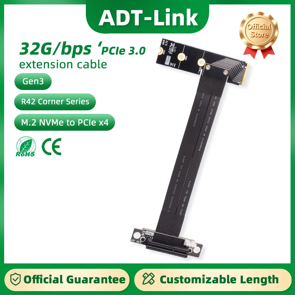 ADT-Link 32G/bps M.2 NVME to PCIe 3.0 x4 Riser Cable NGFF NVMe PCIe x4 Built-in SSD GPU Capture Card to M.2 M-Key Extension