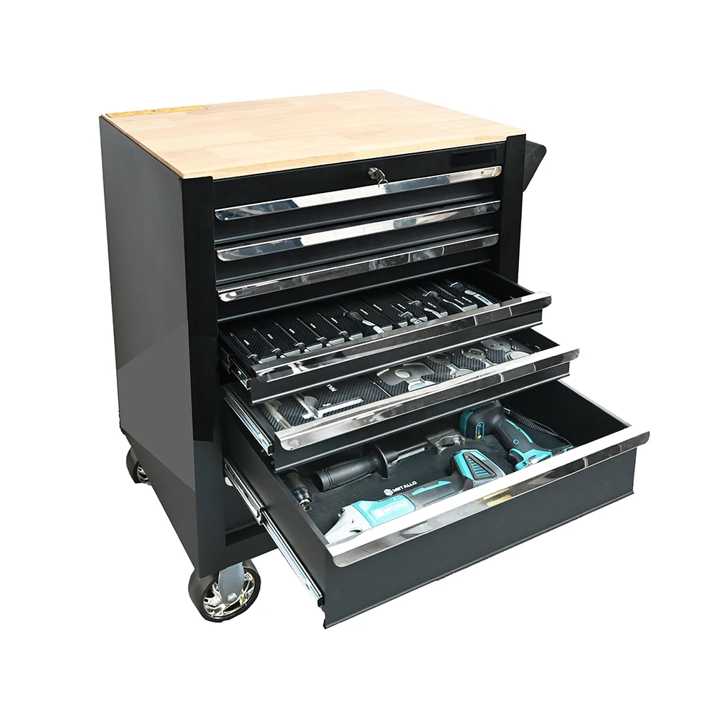 

High Quality Garage Storage Tool Cabinet 7 Drawers Tool Chest Cart With Customized Tool Sets Tray And Wood Top