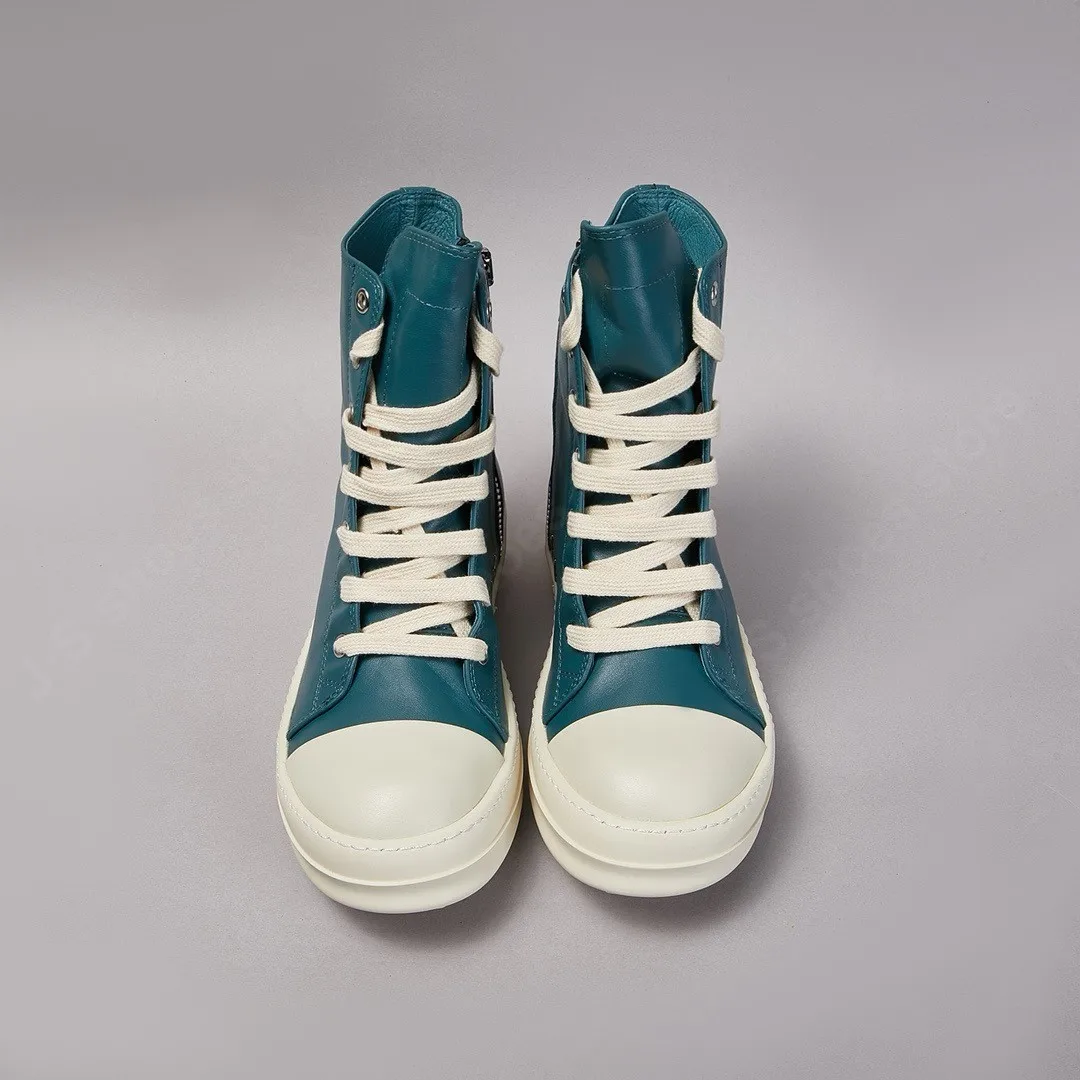 Ricks sepatu pria kulit Cyan sepatu tinggi bertali Owens Wanita Sneaker sepatu kasual Owens desain ritsleting sepatu kulit sapi Sneakers