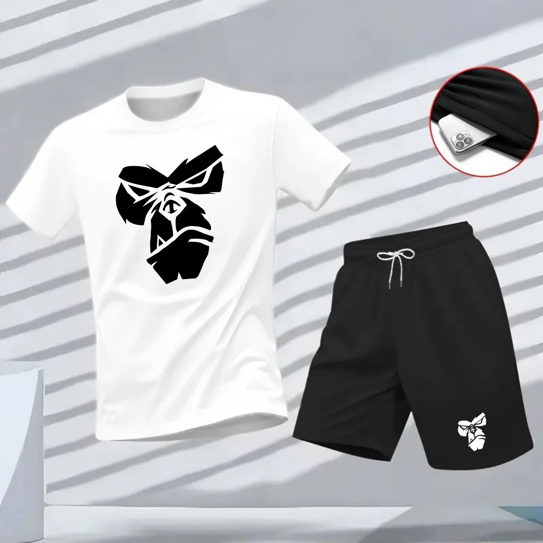 

Gorilla face fun printed T-shirt, summer T-shirt, capri pants for men and women, O-neck fashionable sporty casual short-sleeved