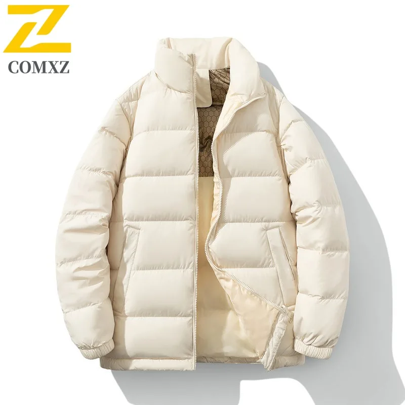 COMXZ 2025 Men Down Jacket Classic Stand Collar Outdoor Cycling Thickened Warm Parka Street Style Lightweight Winter Coat