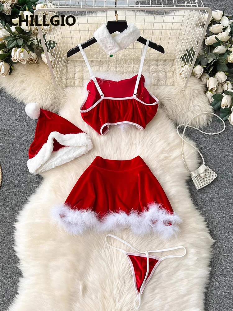 CHILLGIO Women Velour Sexy Christmas Skirt Suits Fashion Camisole A Line Skirt Hat Fur Patchwork Nightie Ins Erotic Pajamas Sets