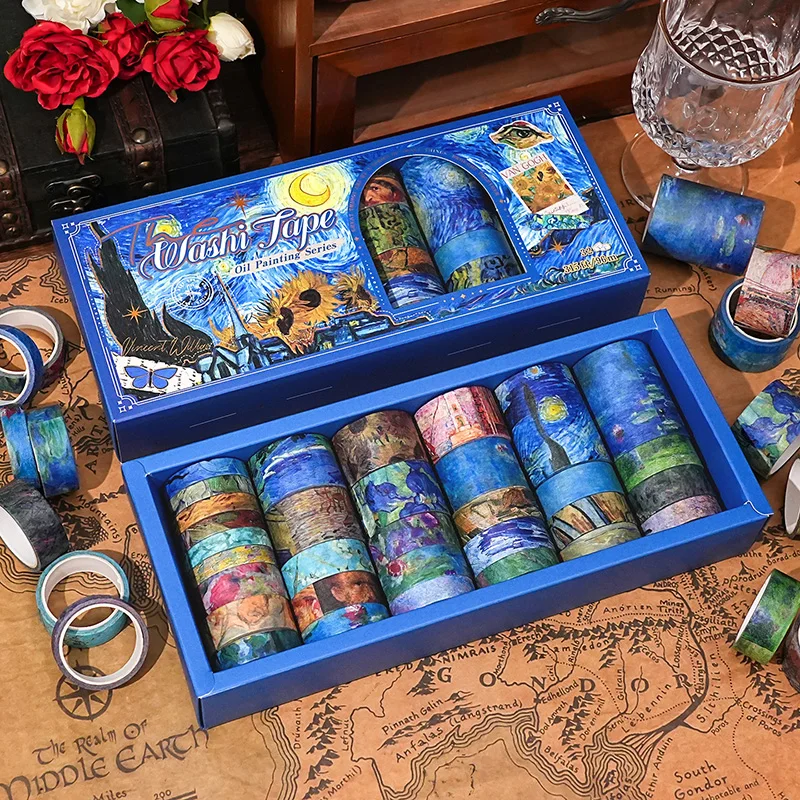 صندوق مكون من 32 لفة من لوحة زيتية فان جوخ السماء المرصعة بالنجوم اشي مجموعة شريط هدية صندوق ريترو ملصقات مخططة فنية ملونة ملصقات شريط المواد الزخرفية