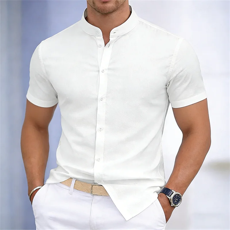 

Men's stand-up collar short-sleeved shirt, white or black, solid color shirt, slim fit business casual men's top, sizes XS-6XL.