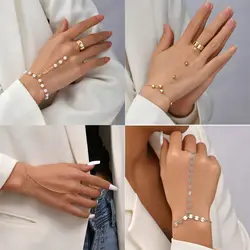 Simple Heart Pendant Chain Bracelet Link Connected Gold Metal Wide Finger Ring Bracelets for Women Link Hand Harness Jewelry