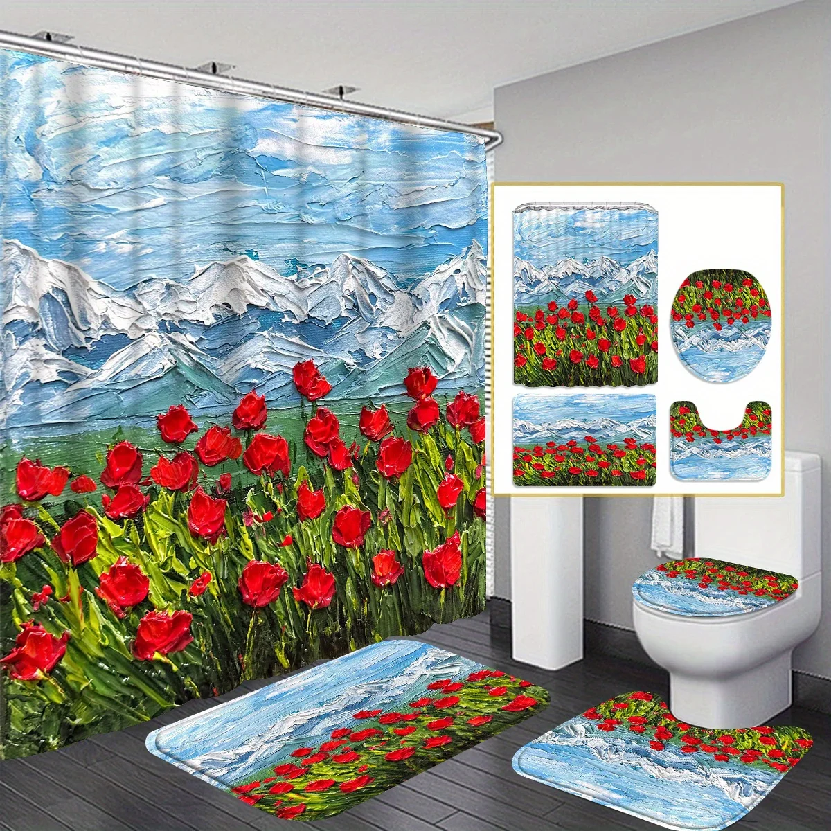Oil Stick Art Decorative Shower Curtain Bathroom Set - Washable in Machine, Comes with 12 Hooks, Includes Toilet Seat Cover And