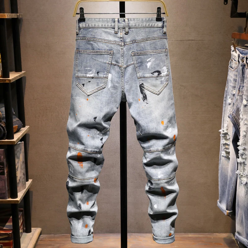 Street Designer Fashion Men Jeans Retro Washed Blue Stretch Slim Fit Multi Pockets Denim Cargo Pants Painted Hip Hop Biker Jeans