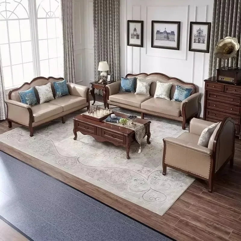American ecological leather sofa simple country villa high-end large apartment living room combination carved family sofa