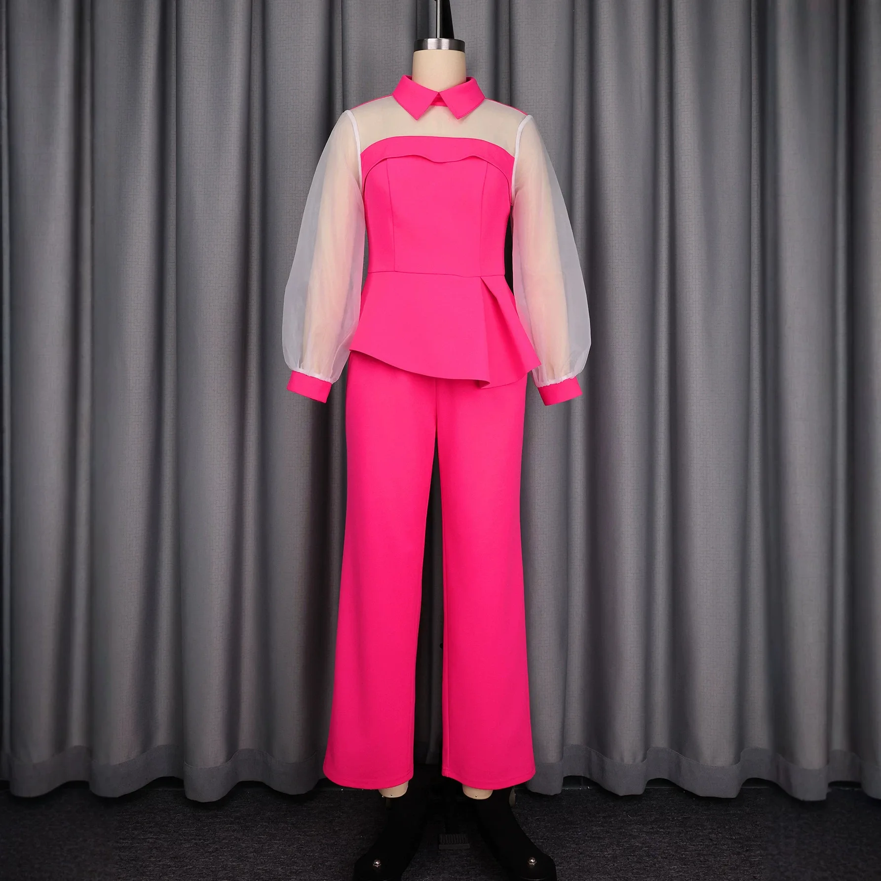 Plus-size Women's Outfit: A Rose-red Set Featuring A Sheer, Puff-sleeved Top With Ruffled Three And High-waisted Wide-leg Luxury