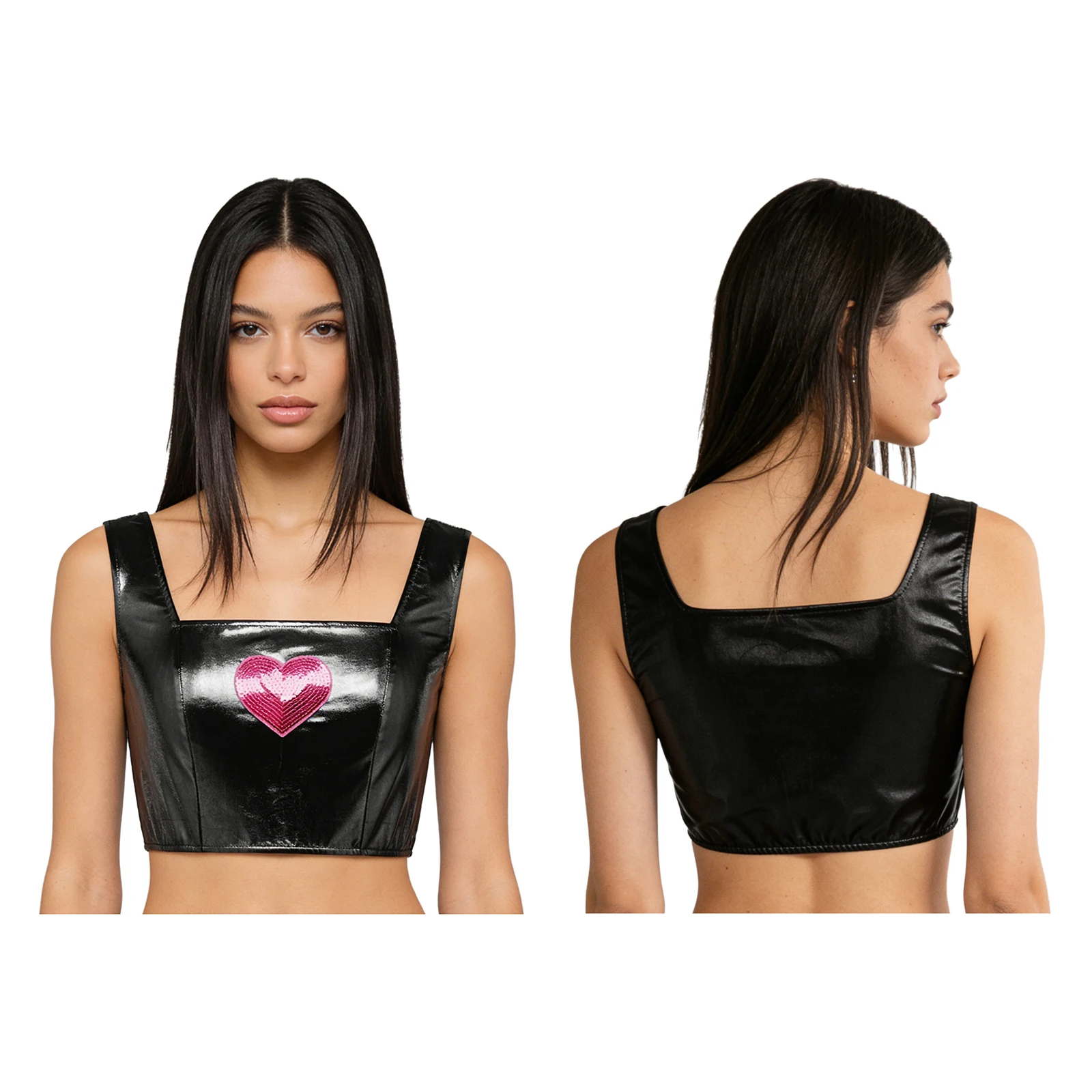 

Women Sequin Holographic Crop Top Metallic Shiny Heart Square Neck Camisole Clubwear Rave Festival Dance Performance Top