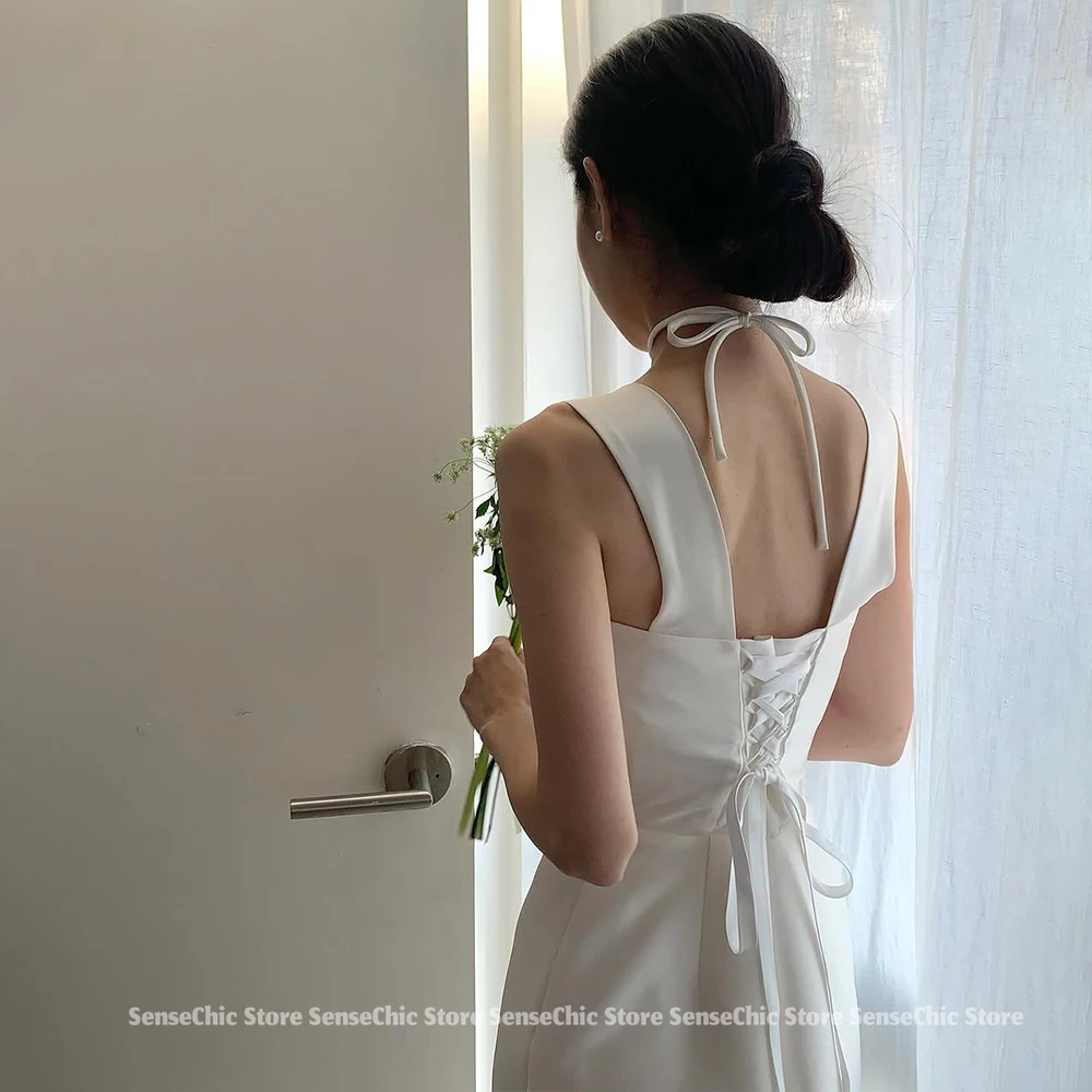 우아한 스퀘어 칼라 한국 웨딩 드레스 새틴 민소매 a 라인 파티 한국 사진 촬영 간단한 신부 가운 드레스 맞춤형