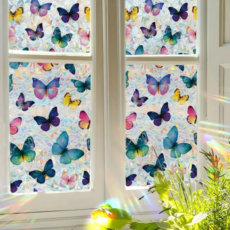 Colorful Butterfly Stained Glass Window Film, Static Cling Rainbow Prism Privacy Window Sticker, For Bathroom Bedroom Home Decor