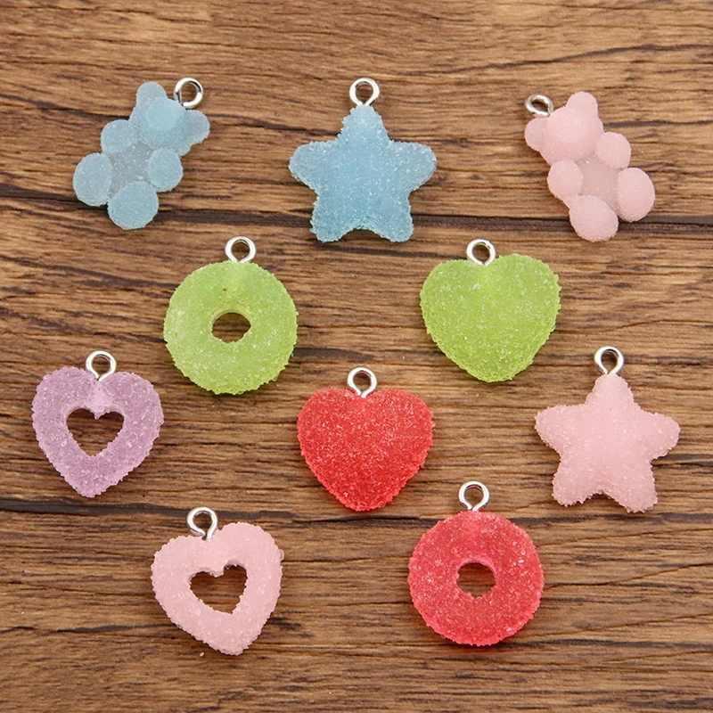 20Pcs Mix Color Size 5 Styles Heart Star Round Bear Resin Charms For Earring Kawaii 3D Keychain Jewelry Making