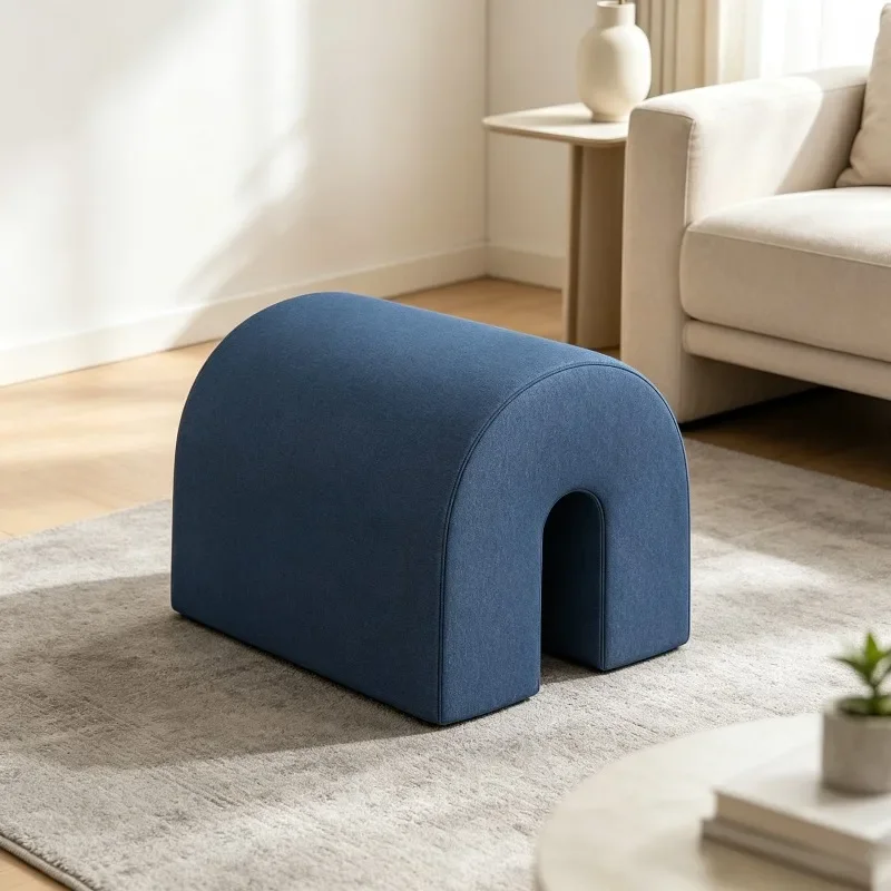 Modern U Cutout Arch Bench Soft Linen Fabric Thick Padded Half Cylinder Stool Hollow Design Space Saving Entryway Ottoman