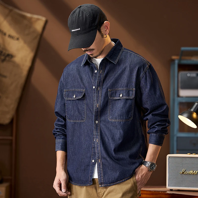 Loose Large Size Denim Shirt Men's American Vintage Fashion Long Sleeved Casual Jeans Shirt Lightweight Pure Cotton Jacket