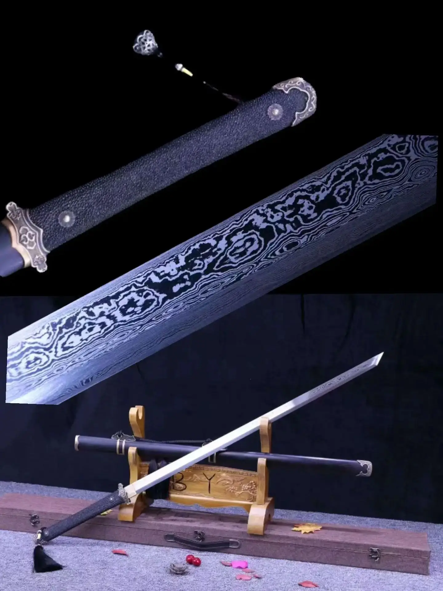 

Chinese Kungfu Battle Sword, Cloud Shadow, Real Handmade Multi Refined Folded Tempered Patterned Steel Blade,Unsharp