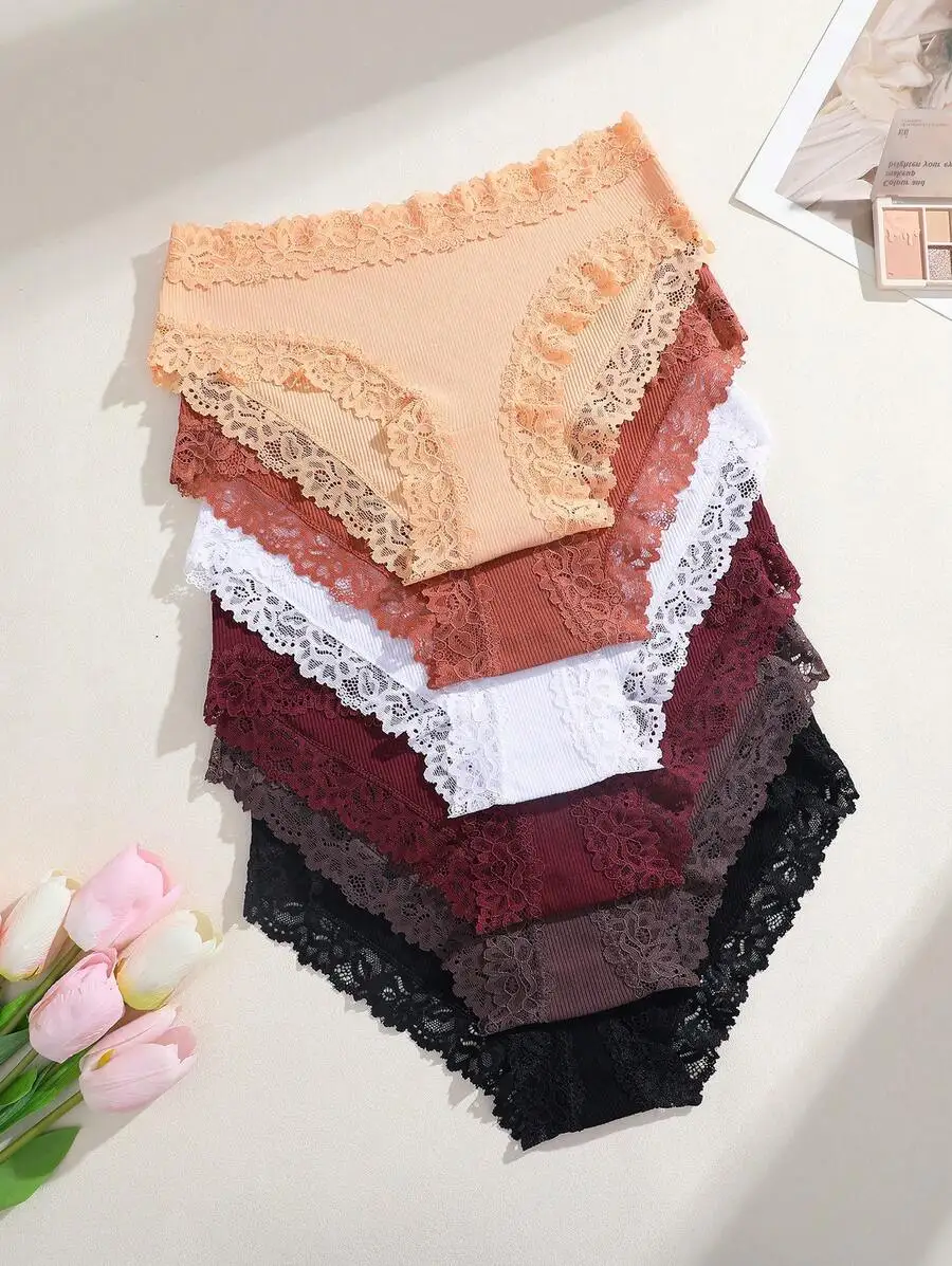 

6 Pcs Cotton Ribbed Lace Spliced Womens Briefs Comfortable Underwear
