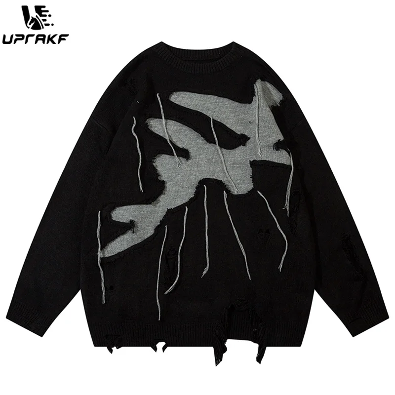 

UPRAKF Ripped Sweater Autumn Crew Neck Winter Loose High Street Casual Fashion Streetwear Warm Basic Pullover