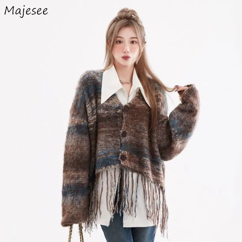 Cardigans Women Tassel Tie Dye Patchwork Long Sleeve Sweaters Knitwear Vintage Retro Coat Boho All-match Korean Style Fashion