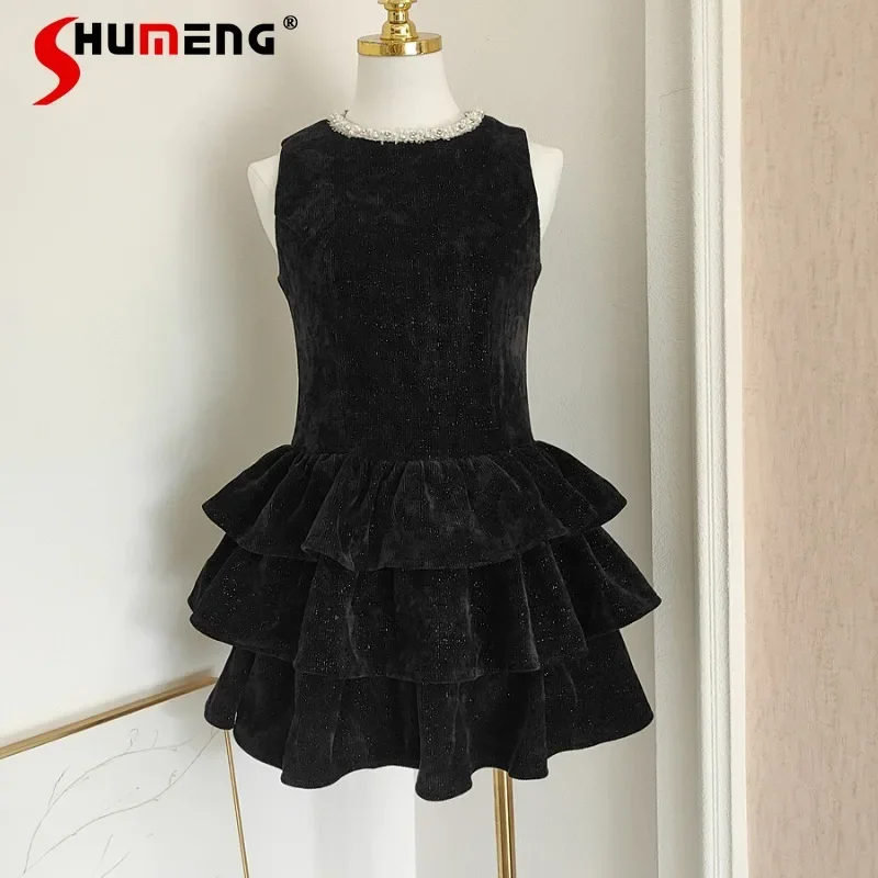 

2024 Winter New Women's Clothing Socialite Style Vestidos Ruffle Leaf Edge Pleated Beads Splicing Waist Slim Fit Thin Vest Dress