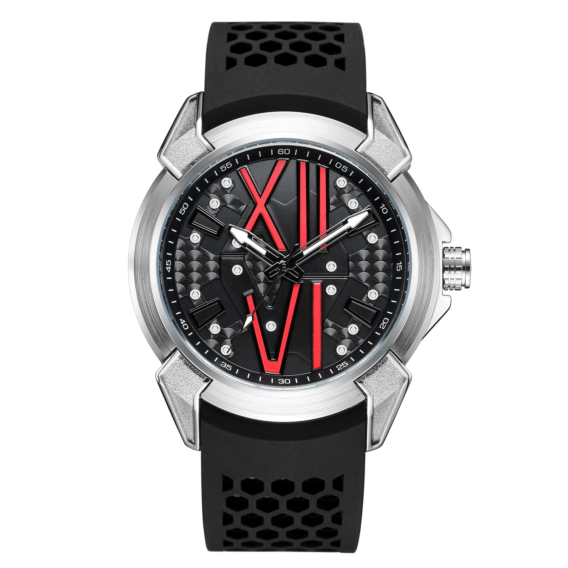 Ruimas นาฬิกาควอทซ์ผู้ชาย332นาฬิกาแฟชั่นเรืองแสงเท่สีแดงดำสายซิลิโคนสำหรับเป็นของขวัญ