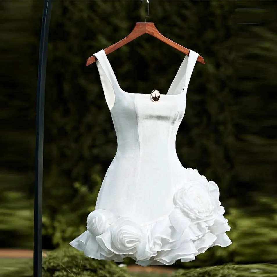 

Silk Satin Prom Dresses Short vestido do curto Floral Party Dress A Line Sleeveless Pleat Prom Gowns Square Neck Mini Length