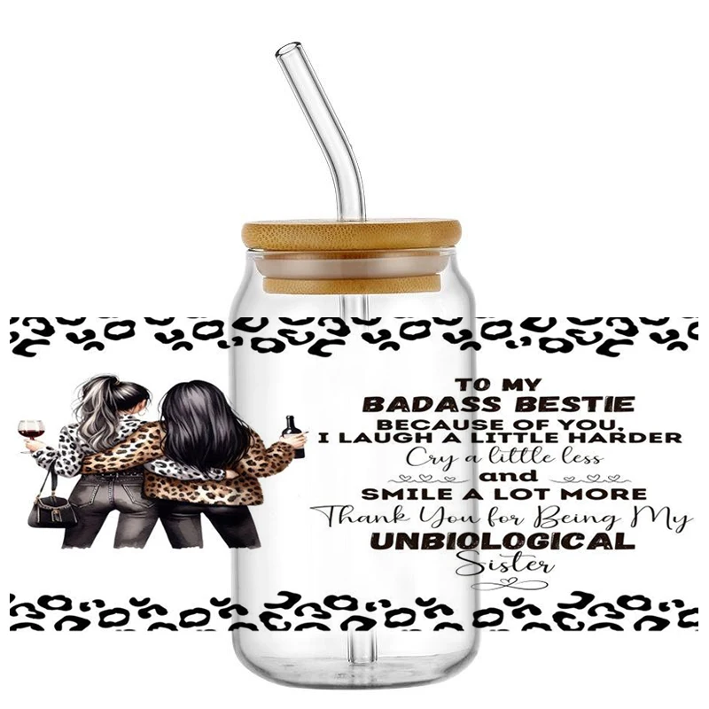 3D UV DTF Cup Wrap Sister Themed pattern DTF Libbey Transfer stickers 16oz Custom UV DTF Skinny Tumbler Cartoon Stickers