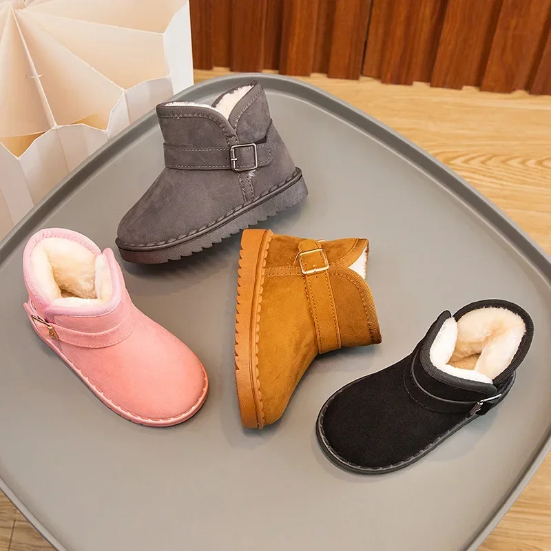 

Children Winter Snow Boots Kids Thickened Add Velvet Keep Warm Cotton Boots Boys Agraffe Casual Soft Soled Neutral Solid Color