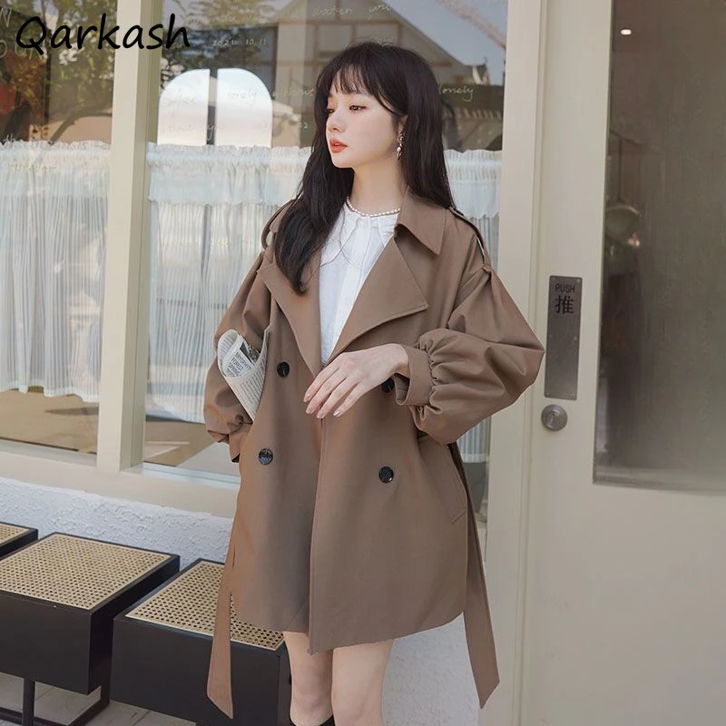 

3 Colors Trench Women Loose Vintage Double Breasted British Style Temperament Office Lady Solid Overcoats Harajuku Young Simple