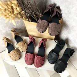 Birkuir Retro Hollow Out Sandals For Women Weave Buckle Soft Soles Flat Heel Closed Toe Sandals Genuine Leather Luxury Slides