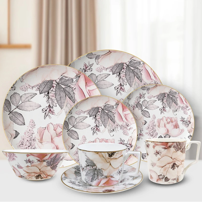 Large Pink Gold Edged Ceramic Plate Restaurant Household High Quality Bone Porcelain Dishes and Plates Sets