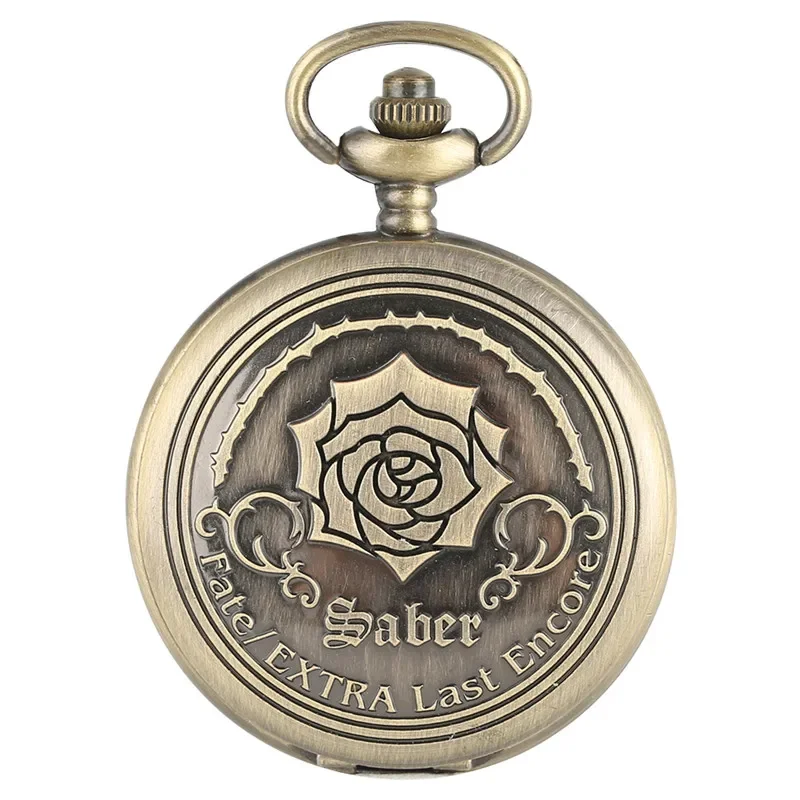 Bronze Style Fate/EXTRA Last Encore Bronze Rose Flower Display Men Women Quartz Pocket Watch Exquisite Necklace Chain Clock