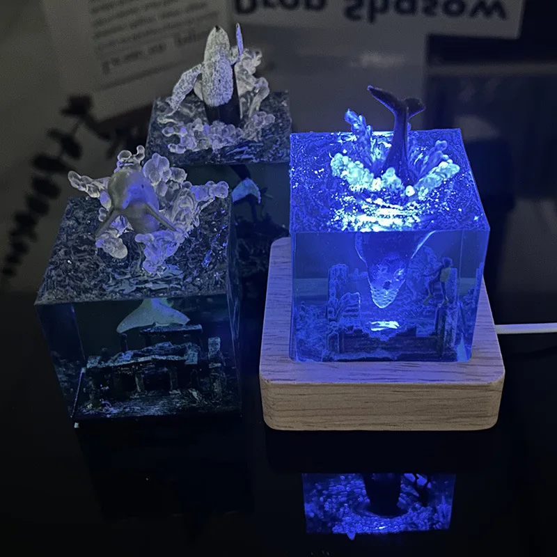 Cubo Organismo Resina Mesa Luz, Arte criativa Decoração Lâmpada, Baleia Golfinho Mergulhador Tema, Luz Noturna, USB Charge, 5cm