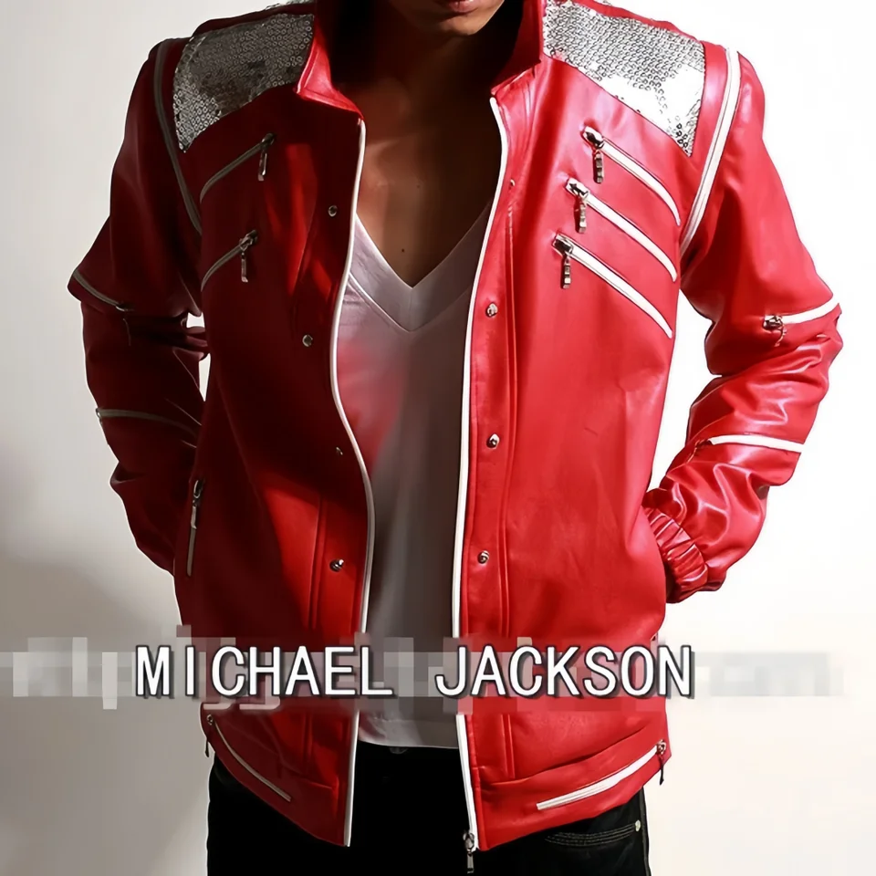 Michael Jackson Impersonator Jacket Faux Leather Red Zipper Men