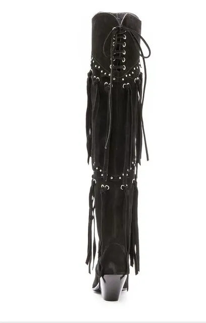 British Rivets Studs Fringed Thigh Boots Eyelet Long Tassel Suede Over The Knee Boots Pointed Toe Chunky Heels Long Botas Woman